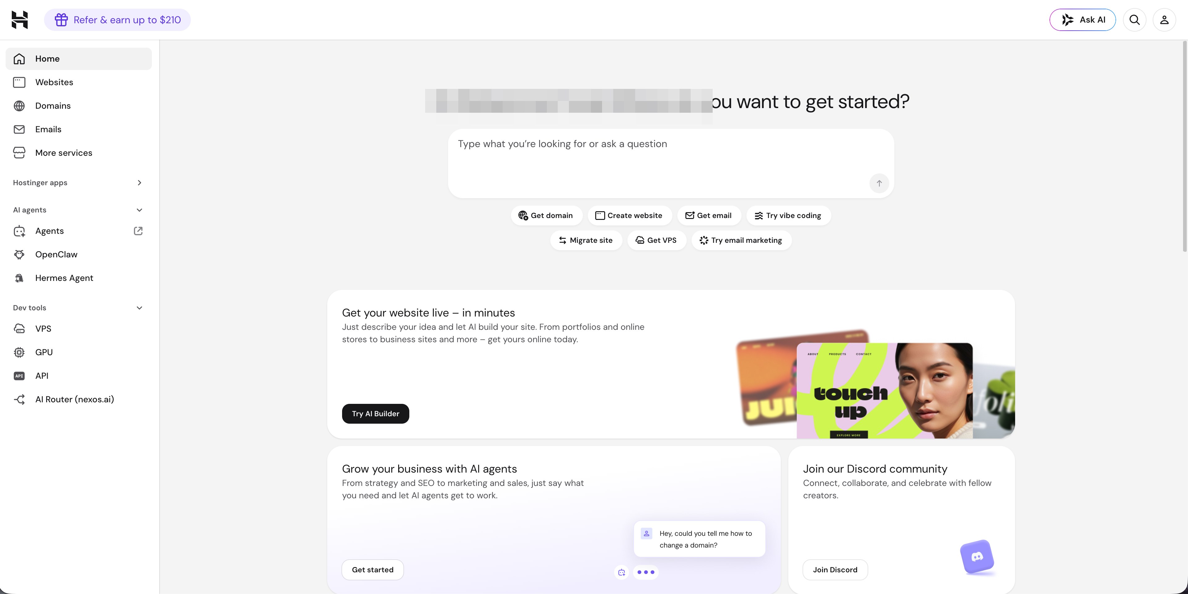 Hostinger hPanel ana ekranı