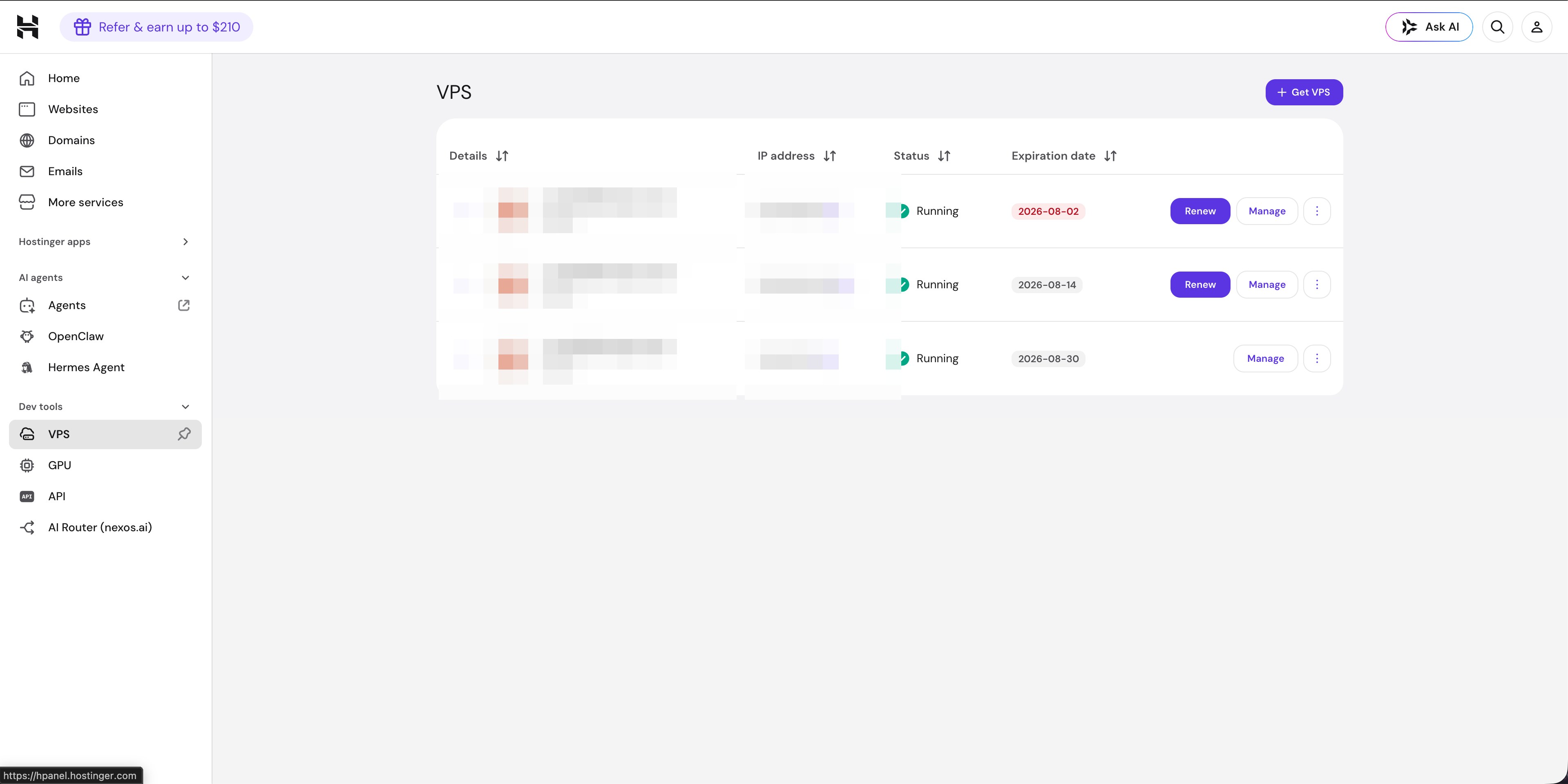 Hostinger hPanel VPS listesi