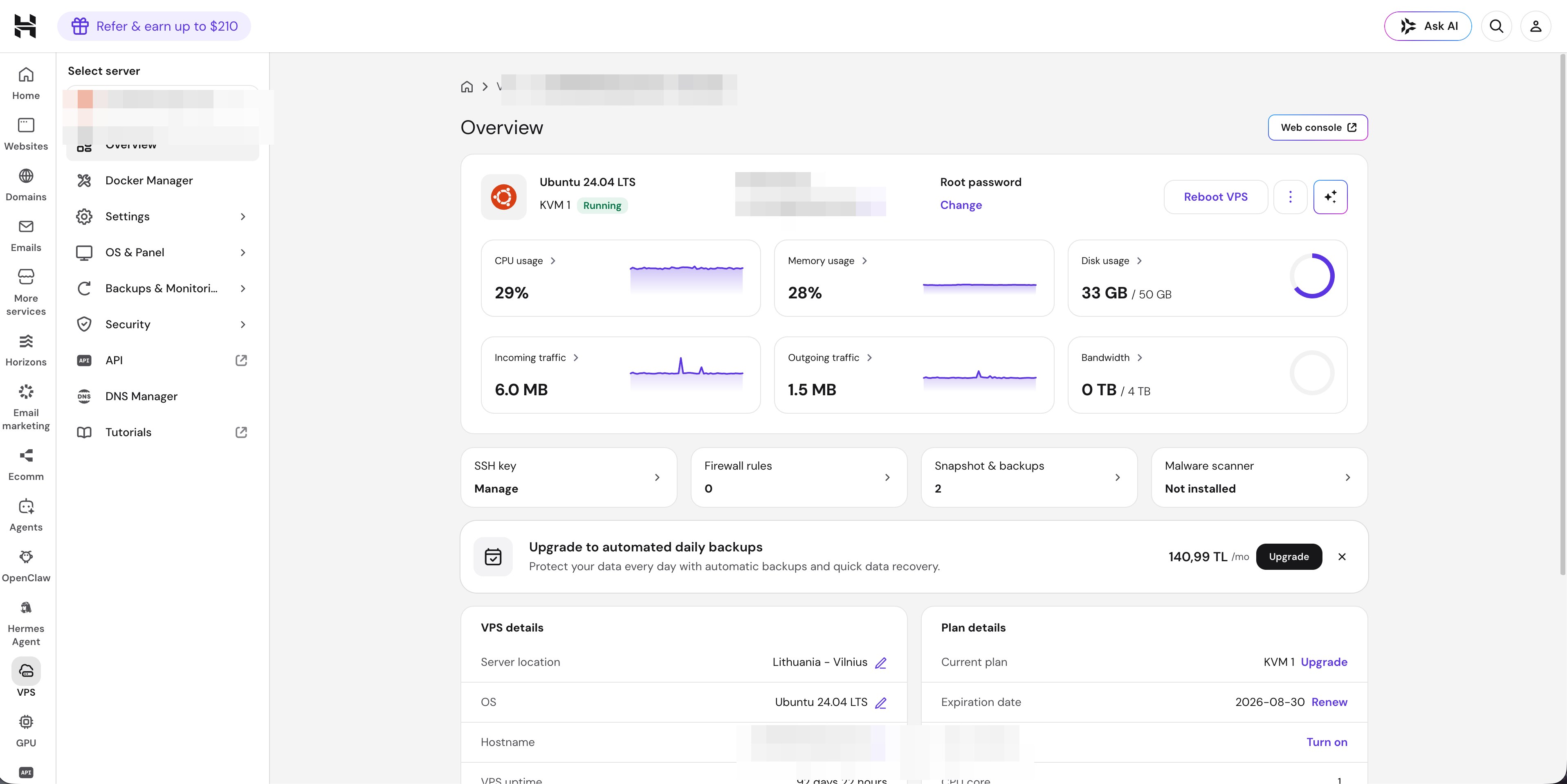 Hostinger VPS Genel Bakış ekranı