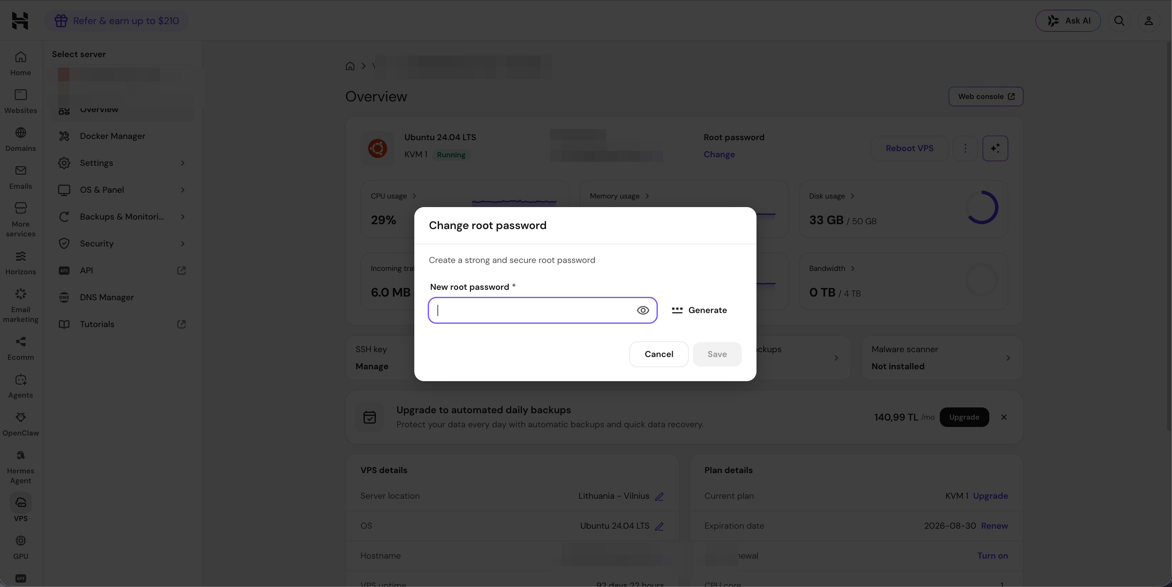 Hostinger root parolası değiştirme penceresi